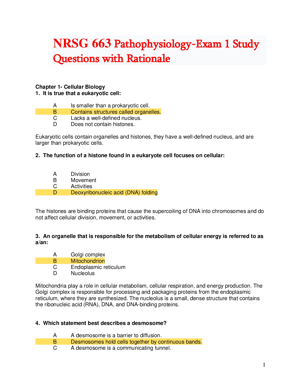 Preview of NRSG 663 Pathophysiology-Exam 1 Study Questions with Rationale